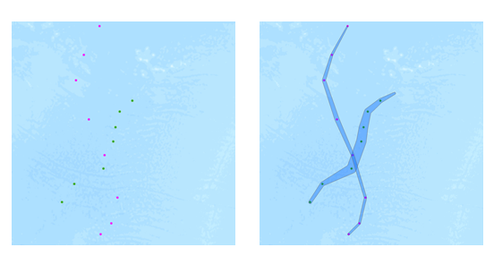 Input points with a buffer applied reconstructed into tracks Input points with a buffer applied reconstructed into tracks